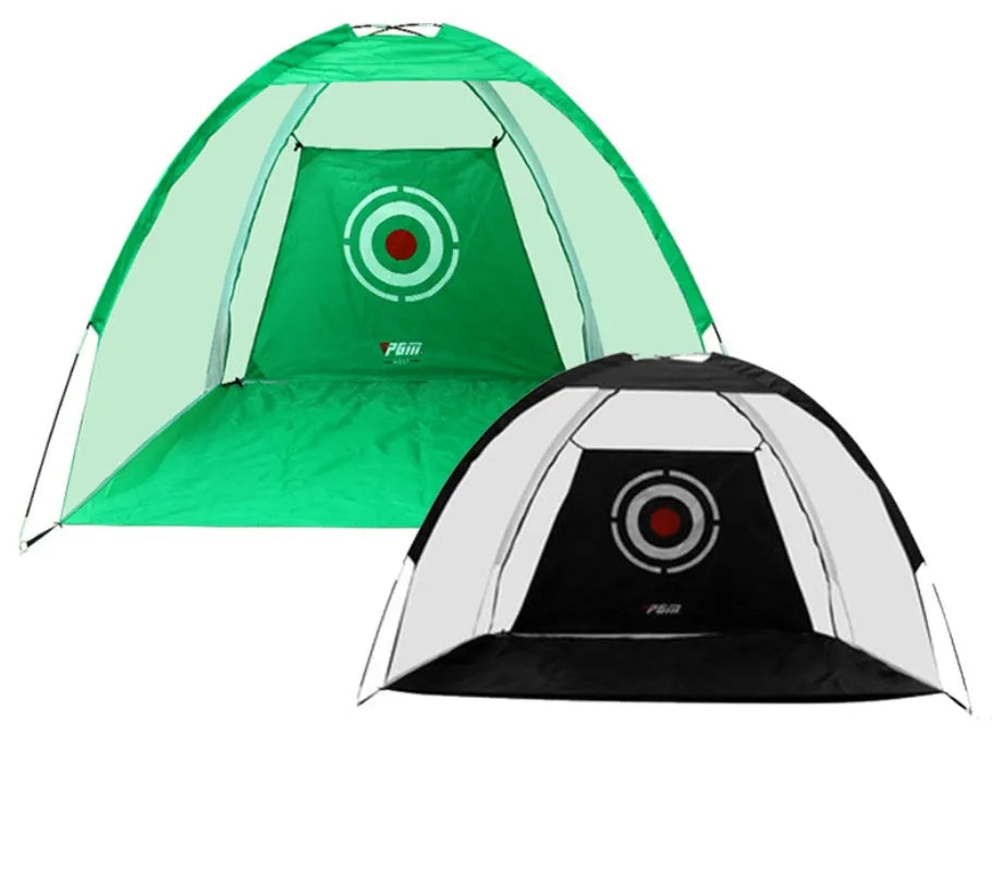Golf practice net tent 2m fibreglass cage black and green front view with target sheet and ball collection floor