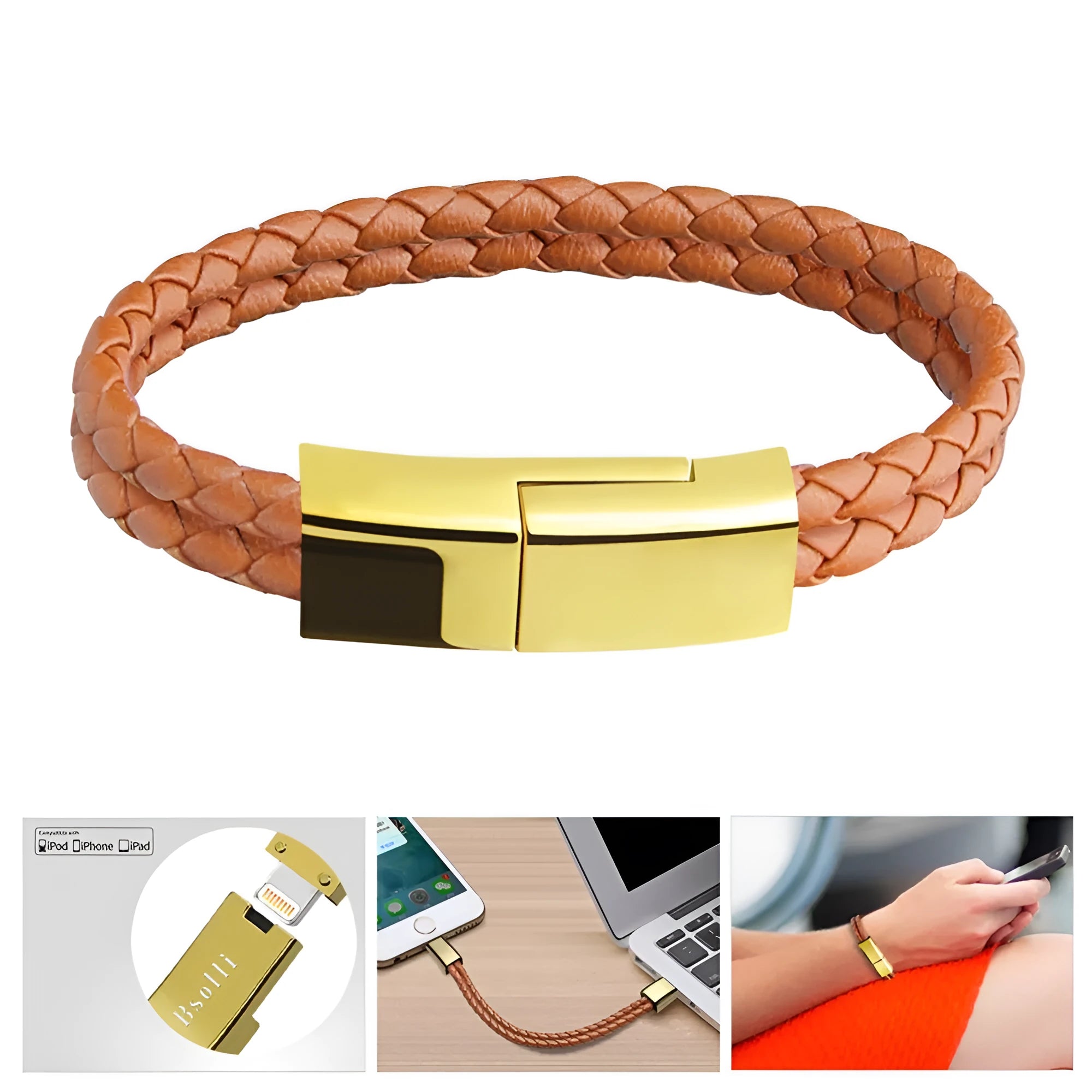 Brown leather bracelet with integrated 22.5cm charging cable and Micro USB connector