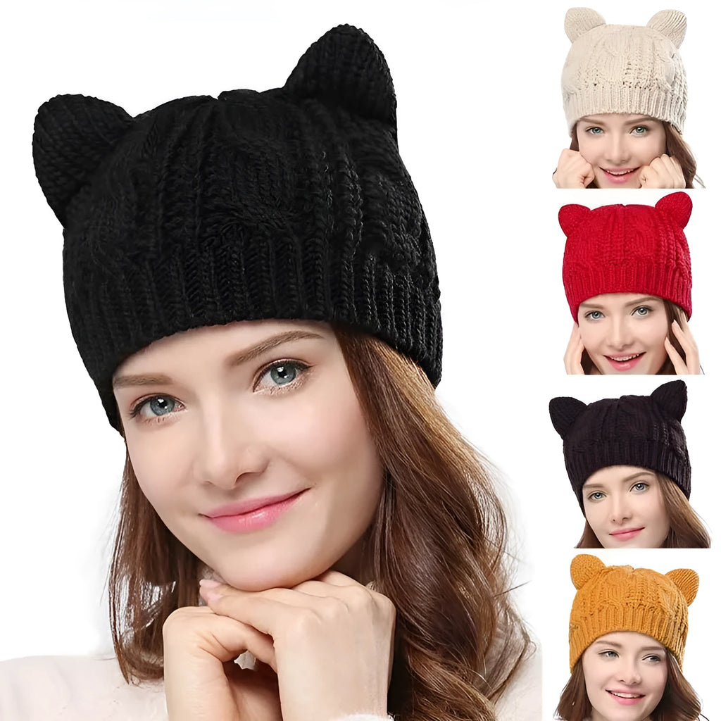 Handmade knitted winter beanie with 3D cat ears in red, shown on a model.