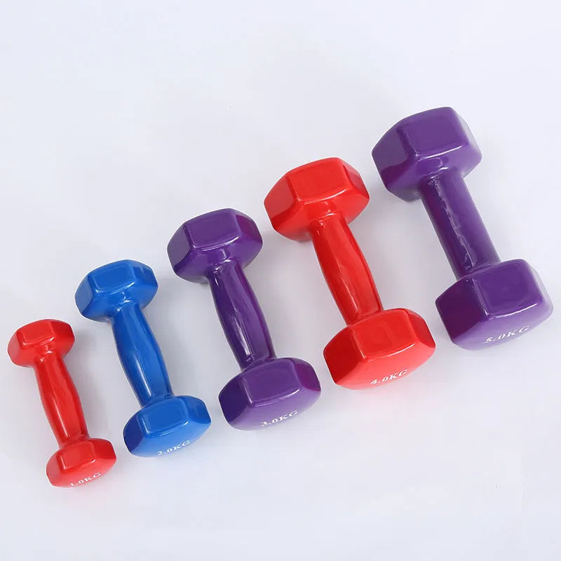 Bright colour plastic-coated fitness dumbbells in 0.5kg, 1kg, and 1.5kg weights for home exercise