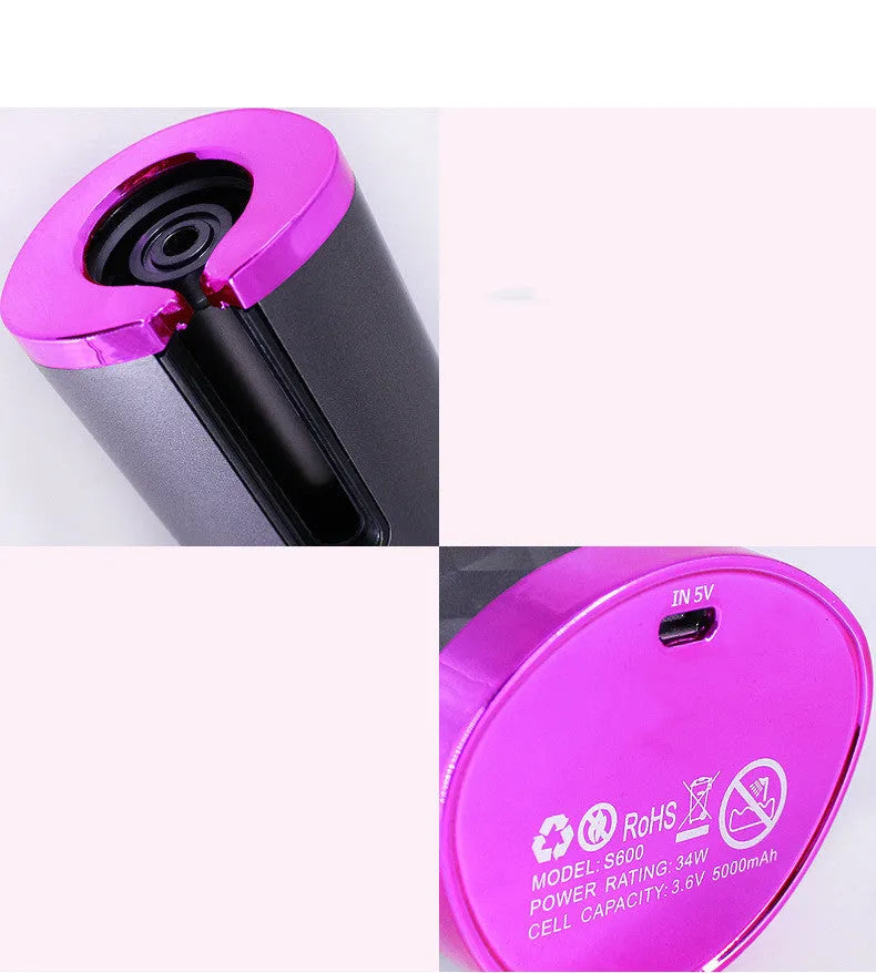 Rechargeable automatic hair curler in black with LCD display and rotating ceramic barrel