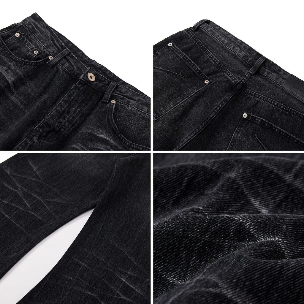 Black men's straight-leg jeans with American washed lightning crack texture