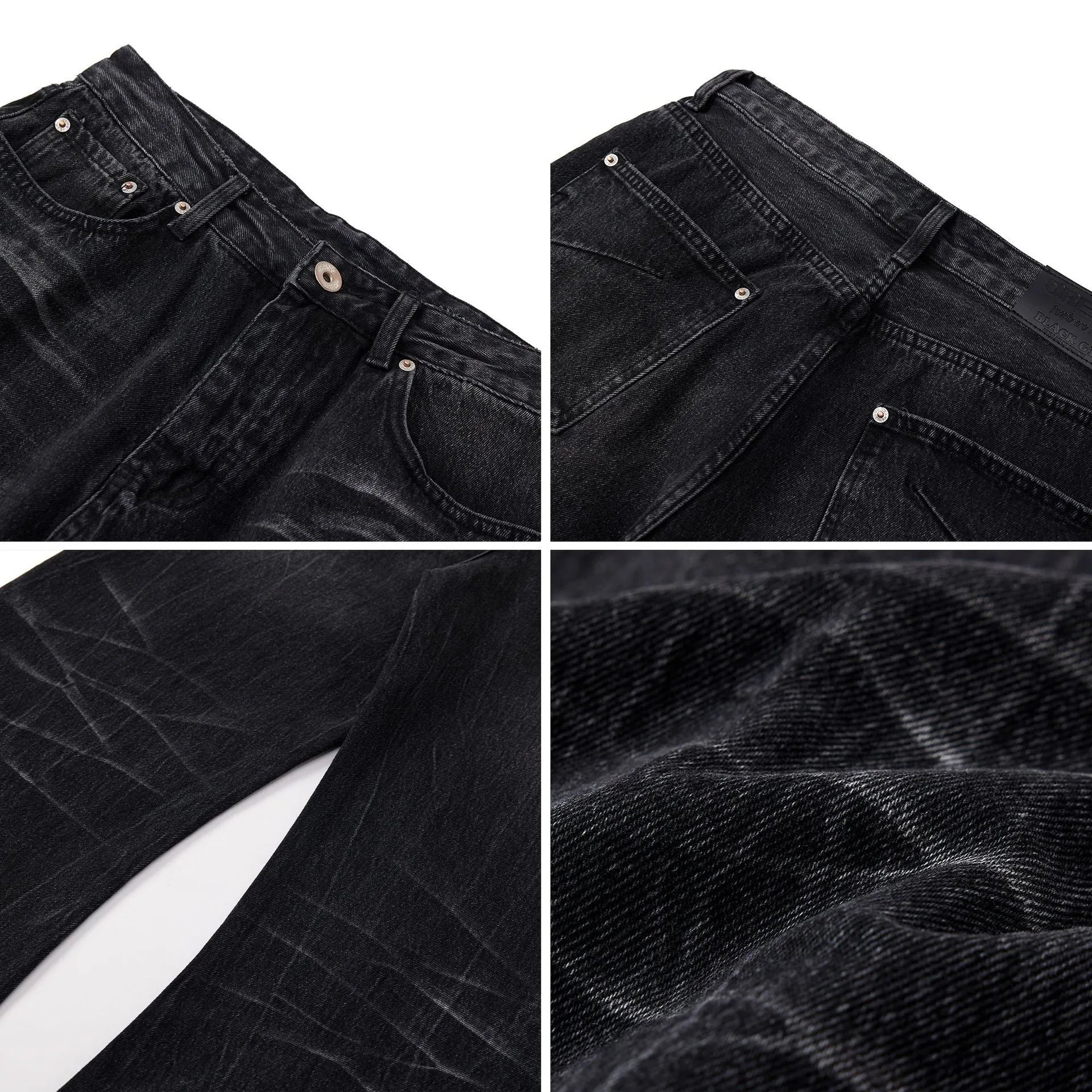 Black men's straight-leg jeans with American washed lightning crack texture