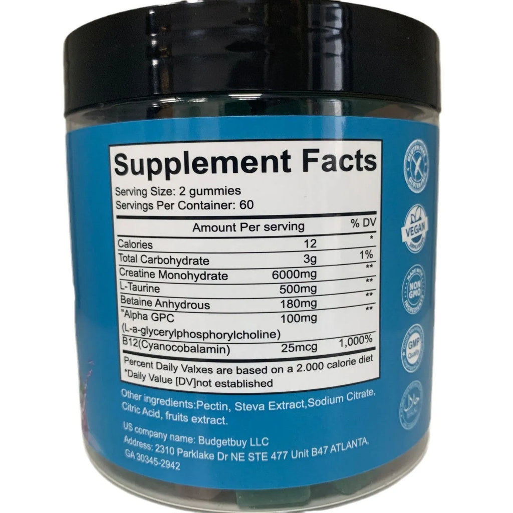 Bottle of raspberry flavoured creatine monohydrate gummy supplements containing 120 soft candy tablets
