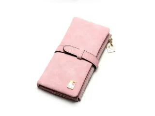 Retro matte long zip wallet for women in multiple colours, showing interior card slots and phone pocket.