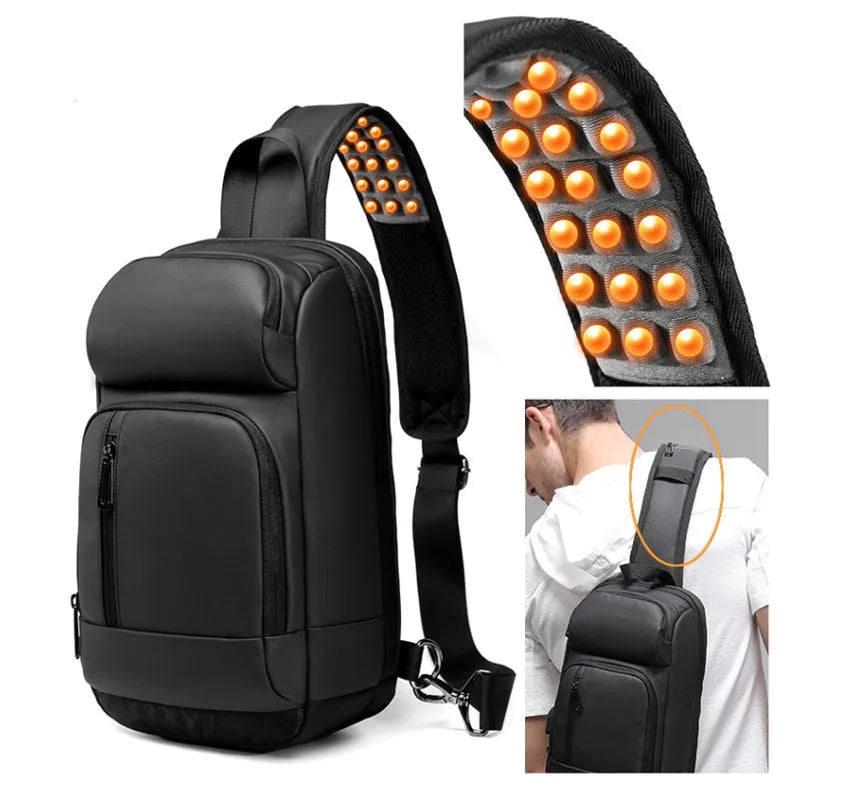 Black PVC outdoor shoulder bag showing internal laptop pocket and air cushion shoulder strap.