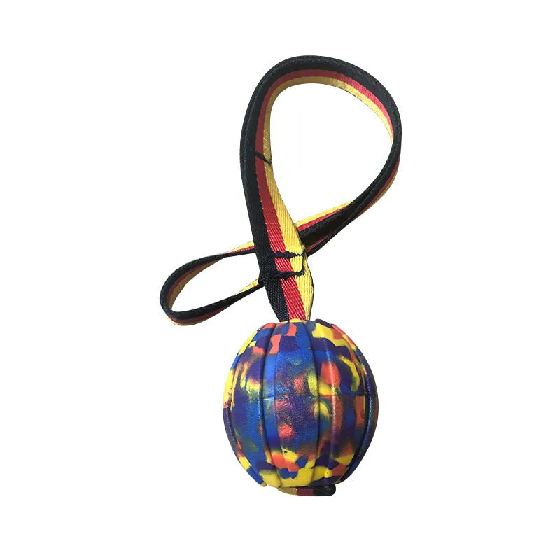 Yellow and camouflage EVA foam floating dog tetherballs in three different sizes for water fetch