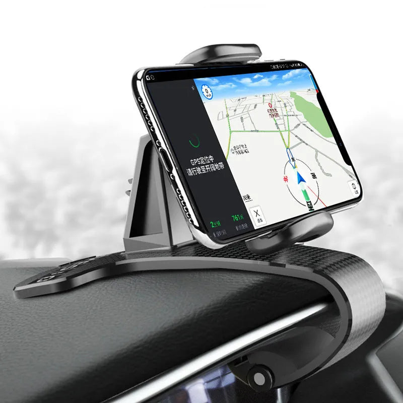 Black 360-degree rotating adjustable car phone holder mounted on a dashboard