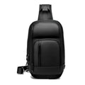 Black PVC outdoor shoulder bag showing internal laptop pocket and air cushion shoulder strap.