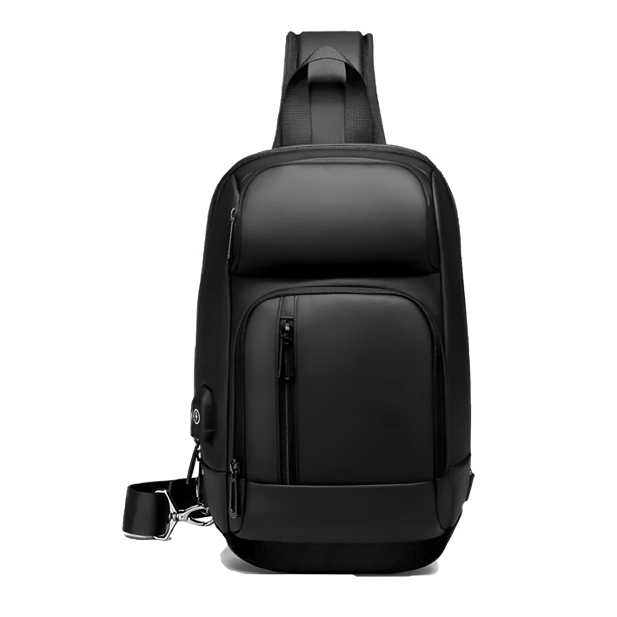 Black PVC outdoor shoulder bag showing internal laptop pocket and air cushion shoulder strap.