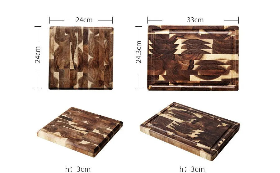 Brown acacia solid wood cutting board showing 3cm thickness edge