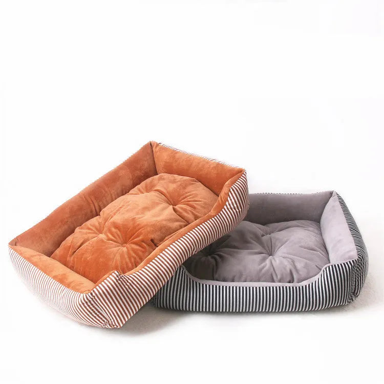Round cloth pet bed for dogs or cats with a removable cover, shown in a striped colour pattern.