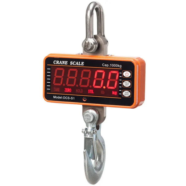 Orange electronic crane scale for industrial weighing with digital display and 500kg capacity