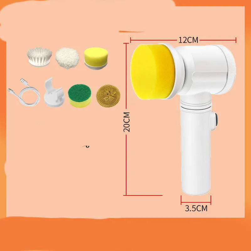 Rechargeable electric kitchen scrubber brush with multiple nylon brush heads and storage hook
