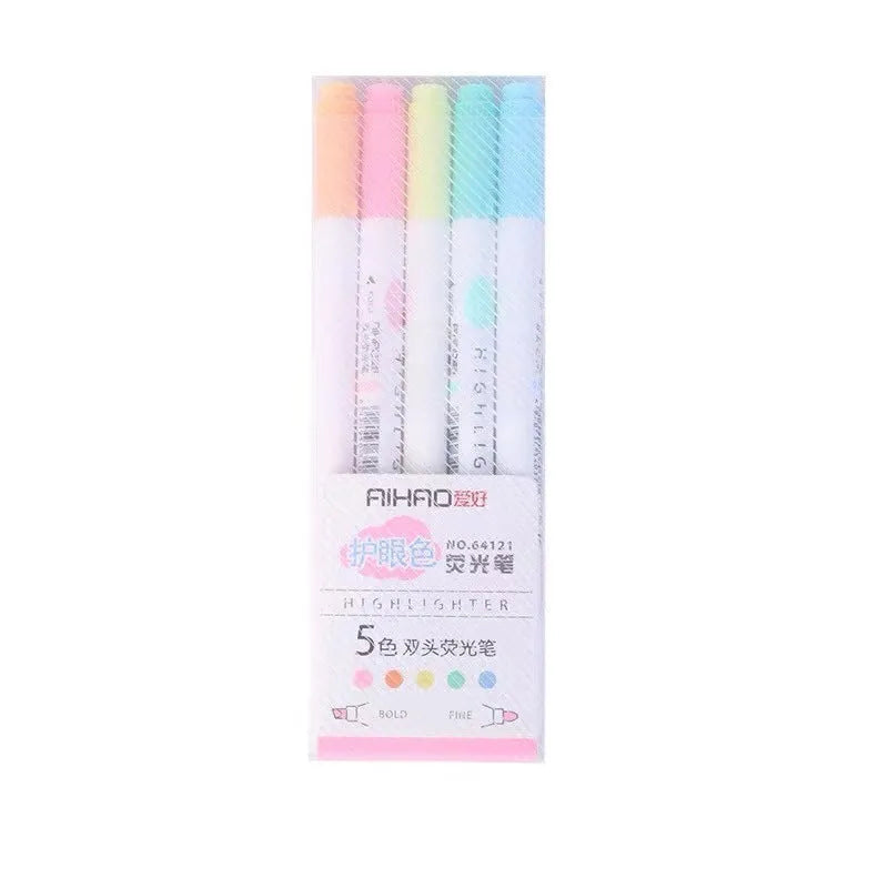 Double head gel highlighter pen set in five eye protection colours with plug-in design