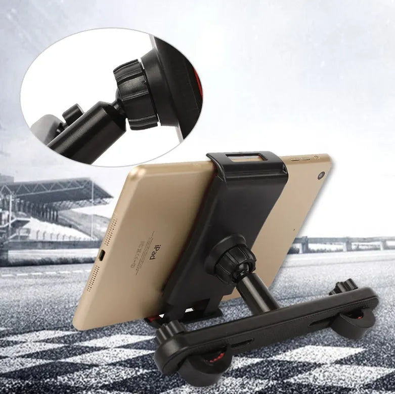 Black steel car headrest tablet holder mount holding an iPad for rear seat viewing