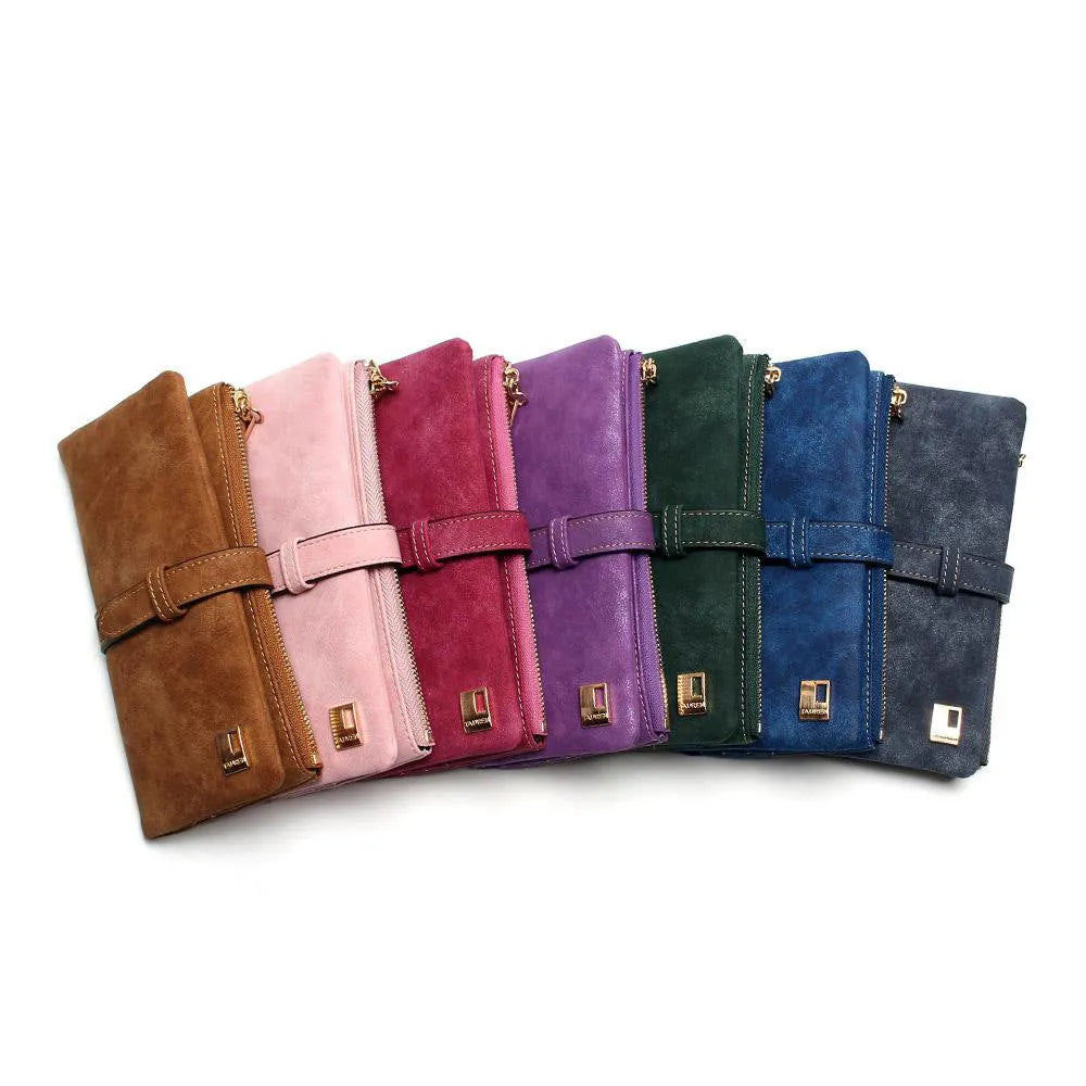 Retro matte long zip wallet for women in multiple colours, showing interior card slots and phone pocket.