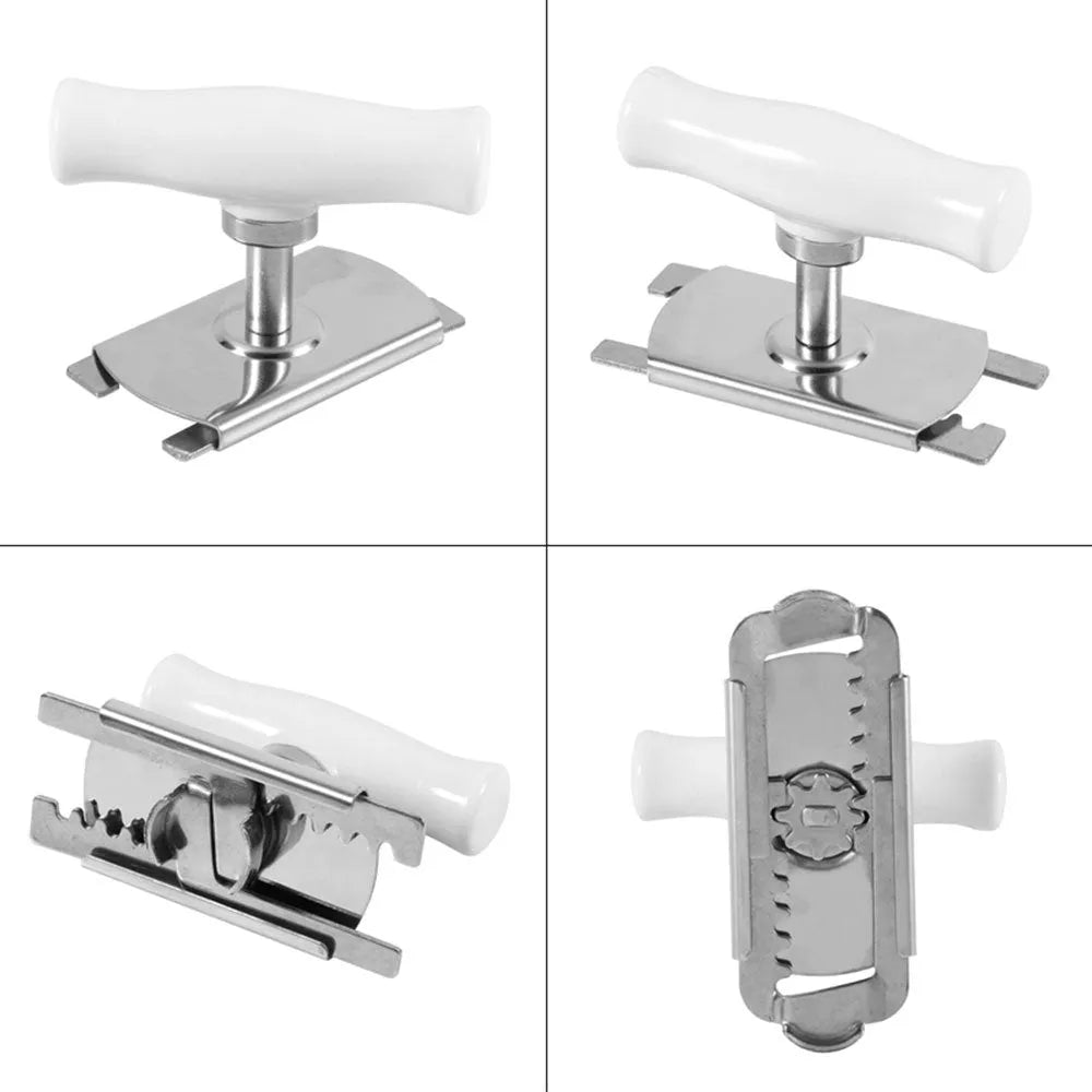 White adjustable stainless steel bottle cap opener with gear mechanism and textured handle.