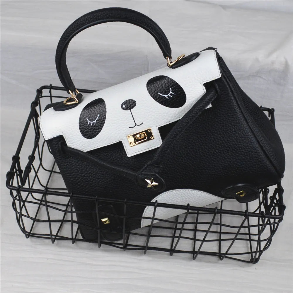 Panda print cow leather square handbag shown in two size options.
