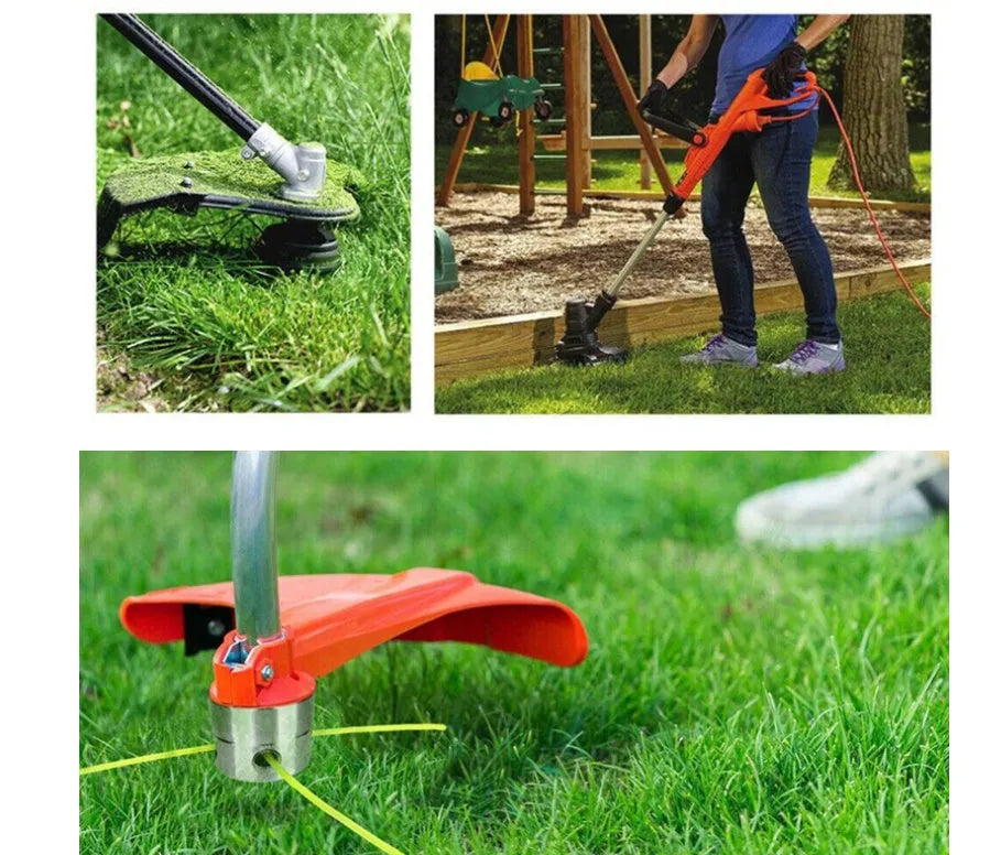 Silver aluminium lawn mower grass replacement head with four light yellow square cords, a wrench, and a gasket.