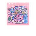Cartoon sticker set showing 16 square PVC decals and storage box with cute girl and comic designs.
