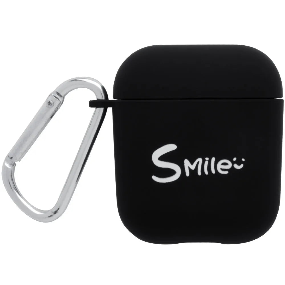 Black and pink polycarbonate AirPods case covers with decorative flower and smiley face back designs.