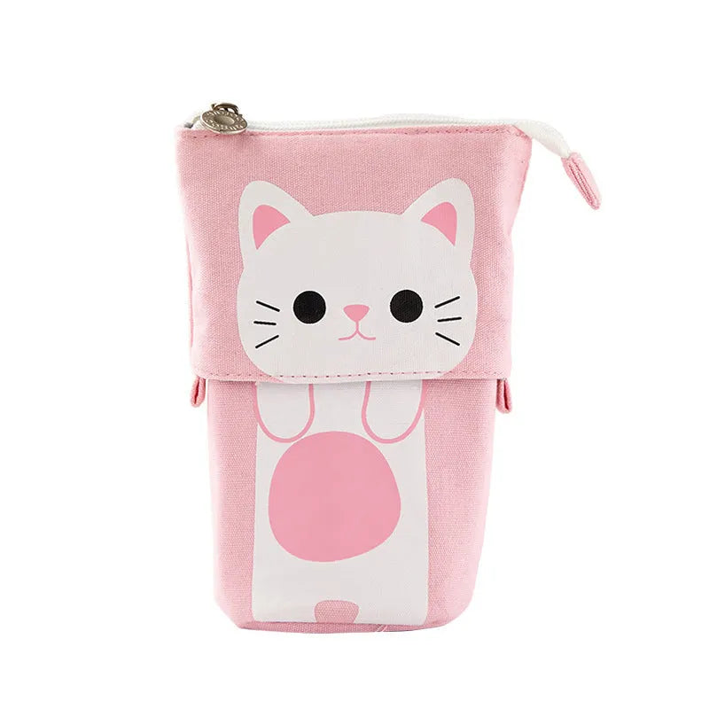 Round Korean-style canvas pencil case with cartoon animal prints measuring 19x7.5x12.5cm