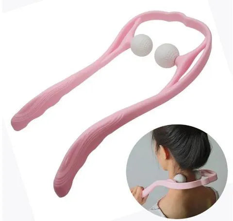 Plastic hand roller neck massager with adjustable stand in pink, blue, and green colours.
