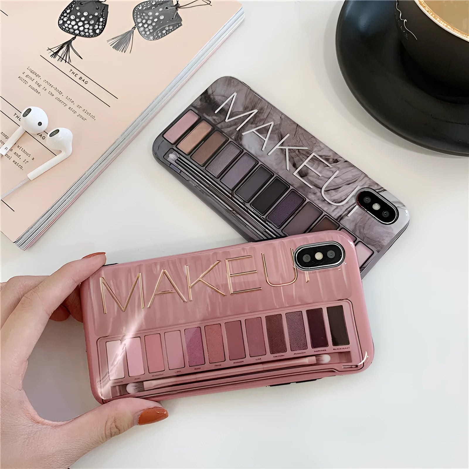 Silicone iPhone case with eye shadow pattern in flesh and grey colours