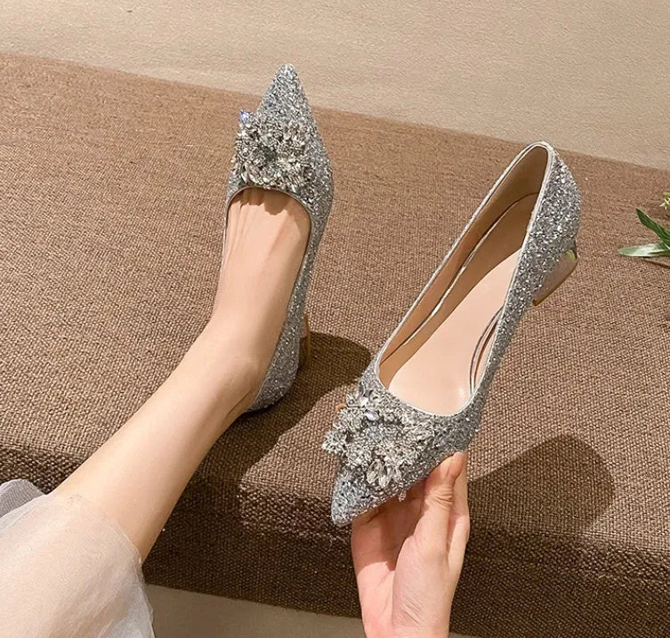 Silver French style mid heel pumps with square buckle, available in large sizes