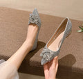 Silver French style mid heel pumps with square buckle, available in large sizes