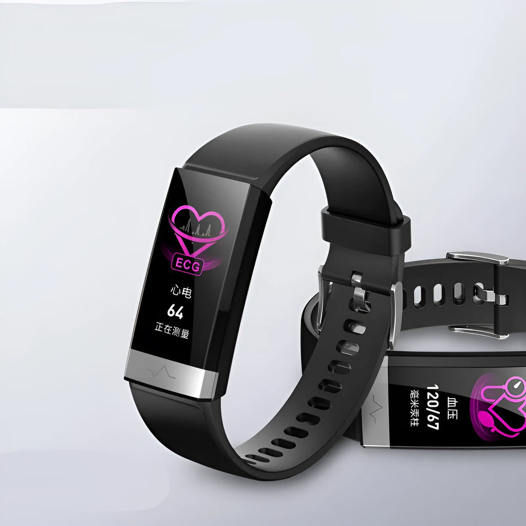 V19 smart fitness tracker bracelet with colour screen on a wrist, showing health data.