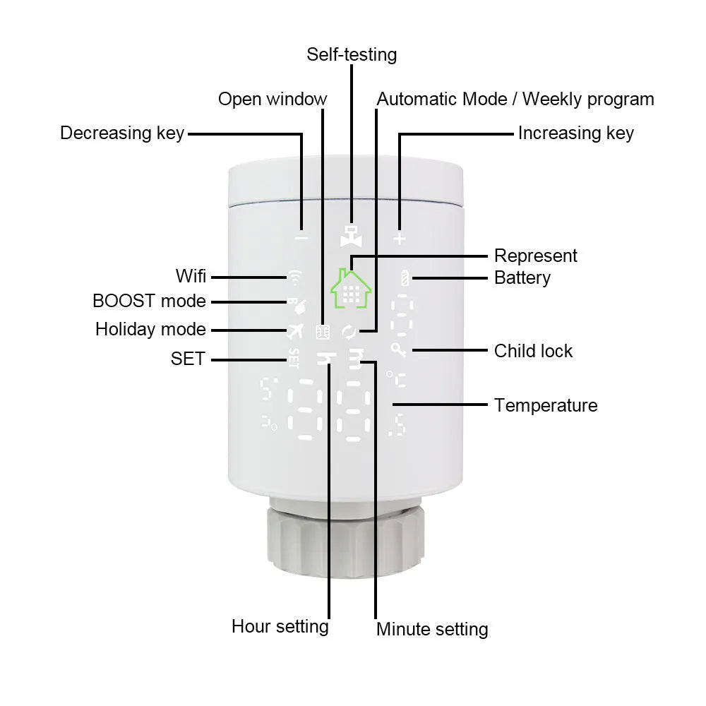 White smart radiator thermostat with digital display and M30 x 1.5 thread, beside Wi-Fi gateway hub