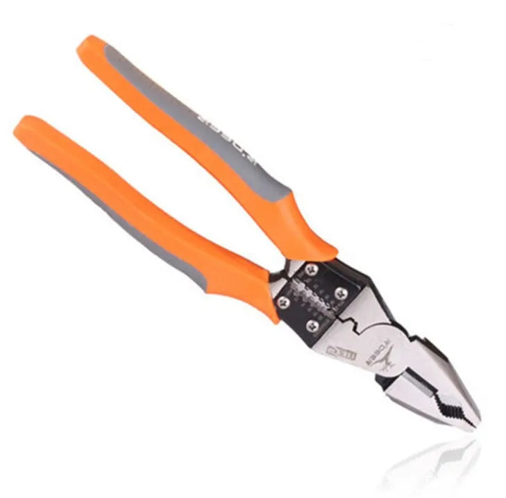 Orange multi-function wire cutter pliers with alloy steel head and PVC handle.