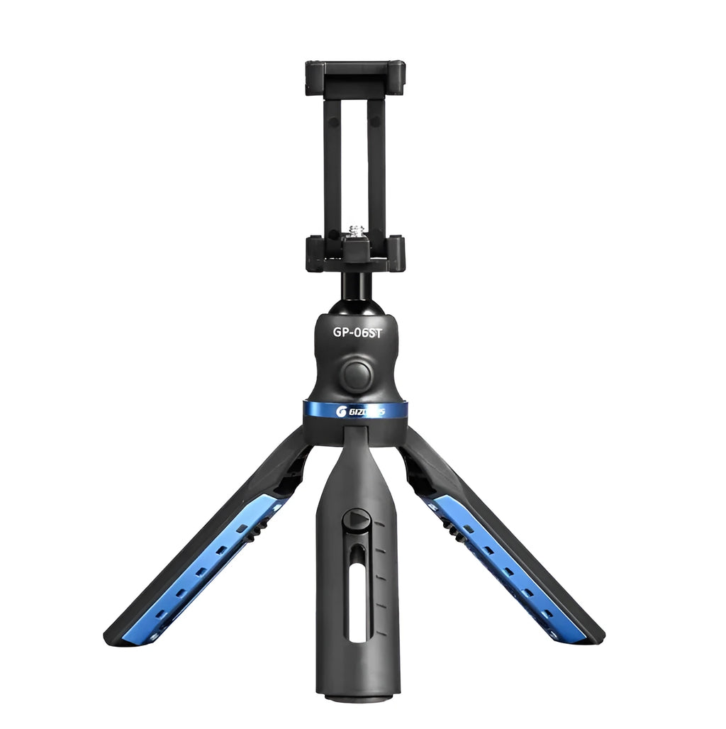 Black desktop tripod holding an iPhone, made from aluminium alloy and plastic, on a wooden table.