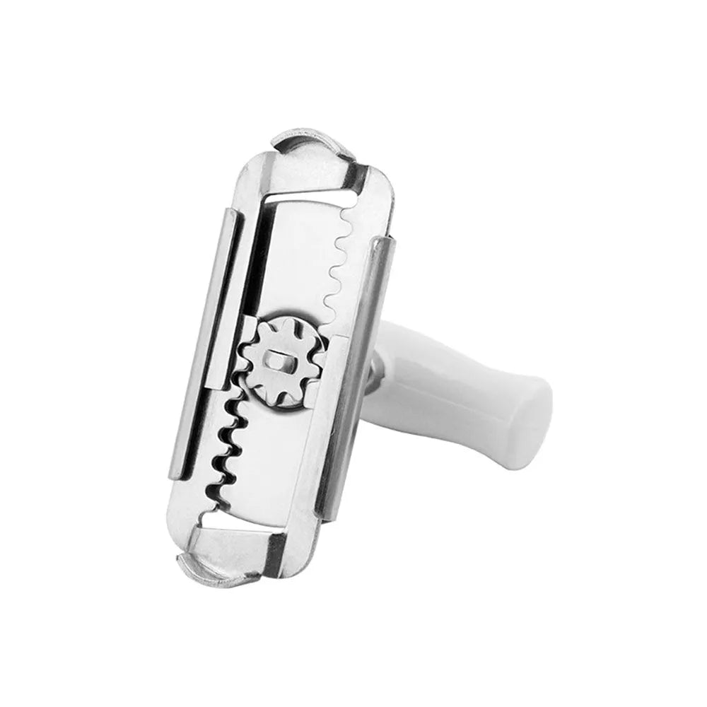 White adjustable stainless steel bottle cap opener with gear mechanism and textured handle.