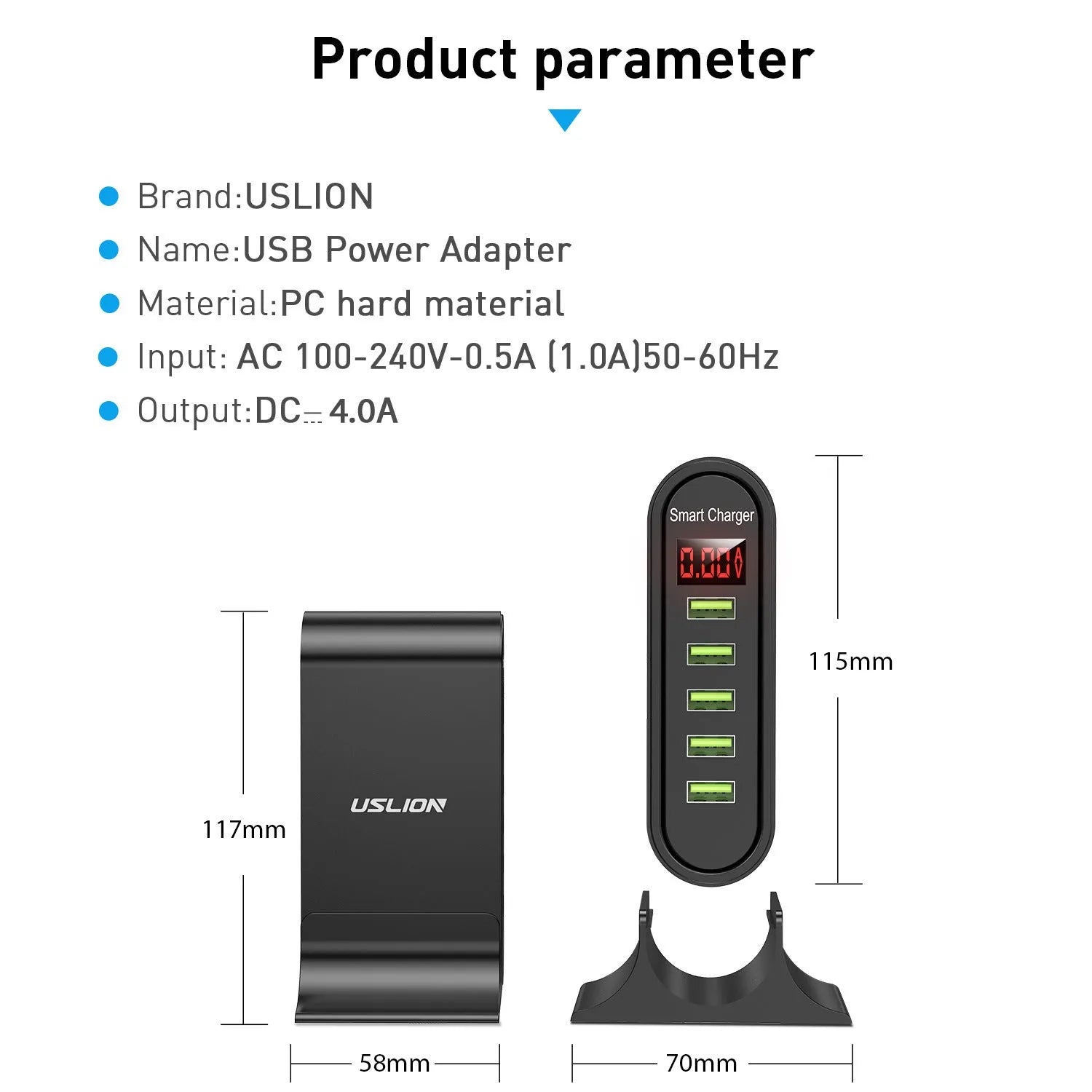 Smart LED Digital Display USB Charger in black or white with UK, EU, US plug options.