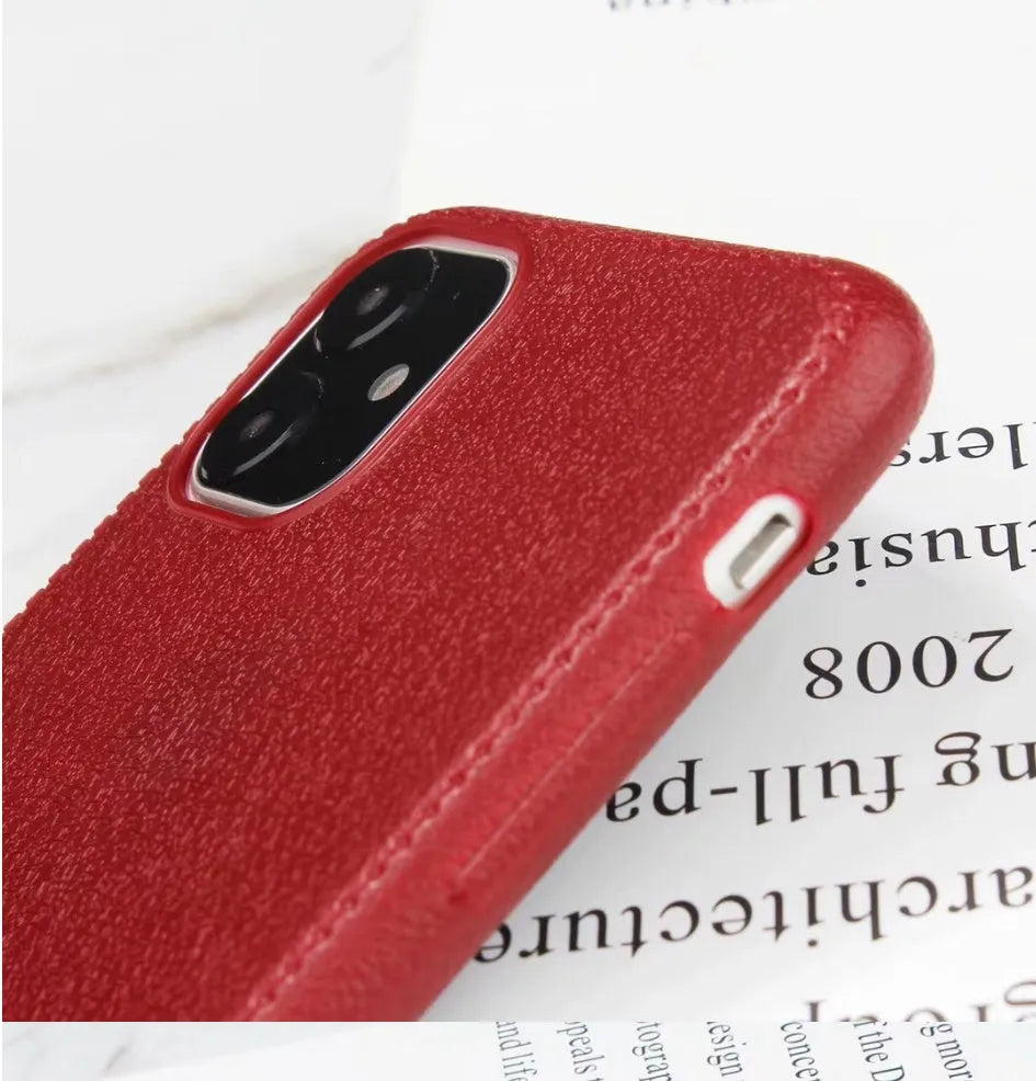 Leather TPU iPhone case shown in Black, Brown, Navy Blue, and Wine Red colours.