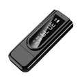 Black USB car FM Bluetooth receiver for wireless music playback and hands-free calls.