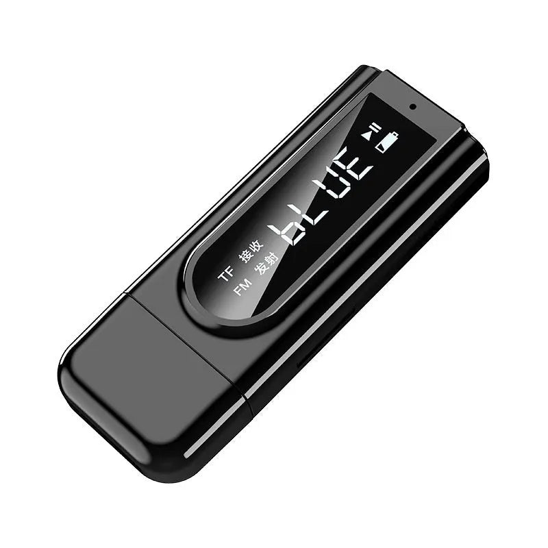 Black USB car FM Bluetooth receiver for wireless music playback and hands-free calls.