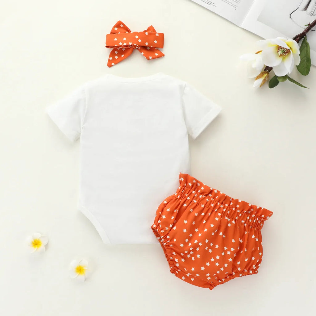 Girls' rainbow cotton romper three-piece set with cap, short sleeves, and shorts in beige