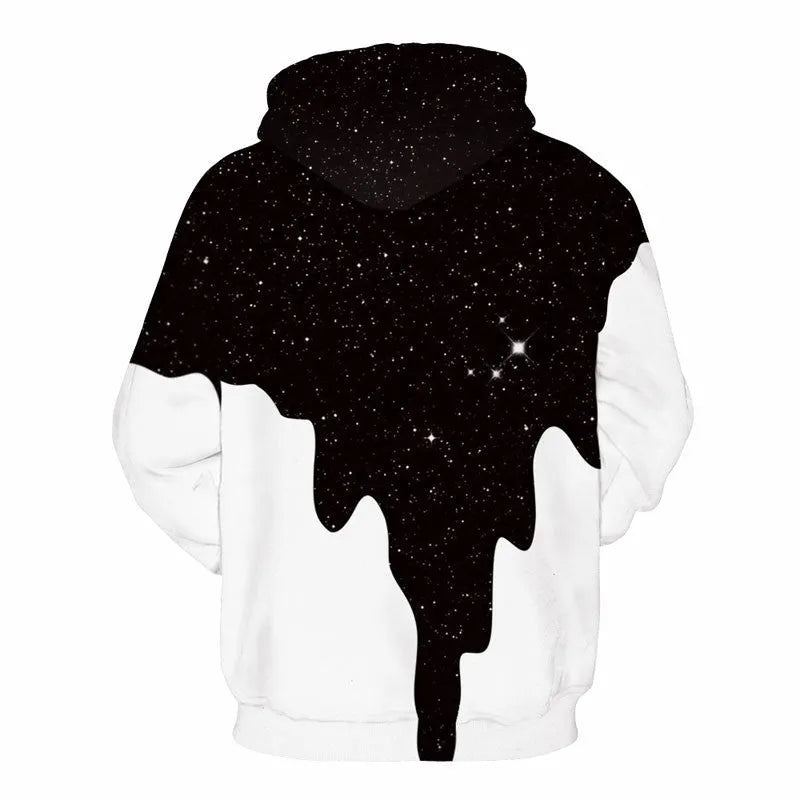 Unisex Spill Milk 3D printed hoodie in splash paint design with O-neck and big front pocket.