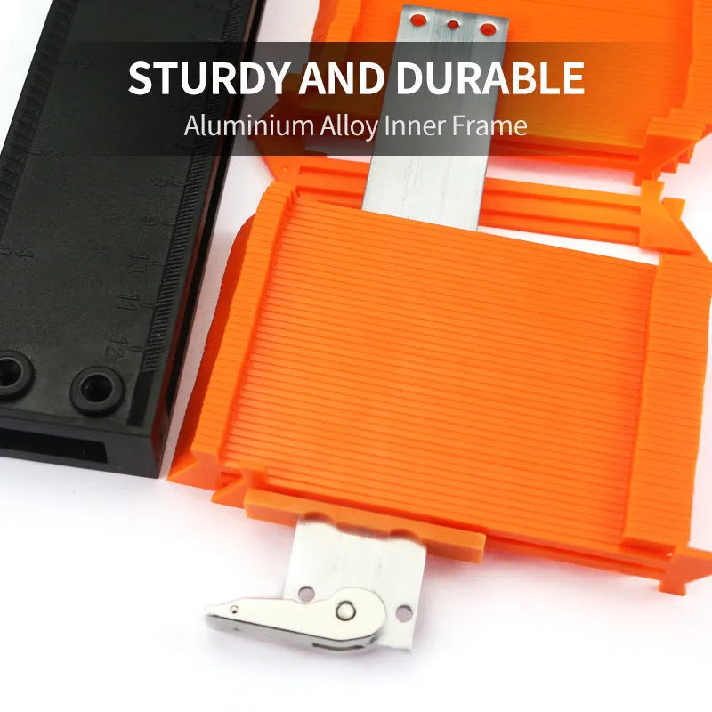 Orange 10-inch contour gauge with plastic teeth pressed against a pipe, creating a template for marking cuts