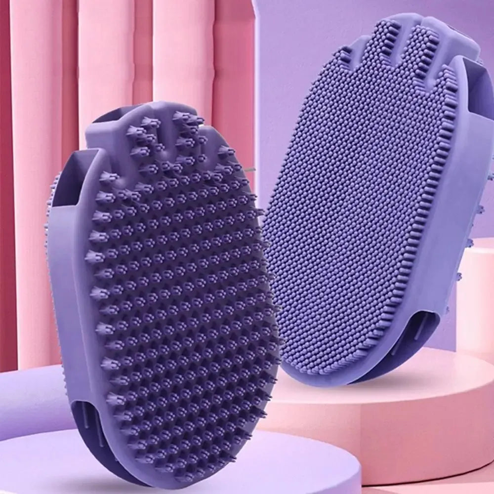 Purple dual-sided TPR pet massage and shampoo brush for dogs and cats.