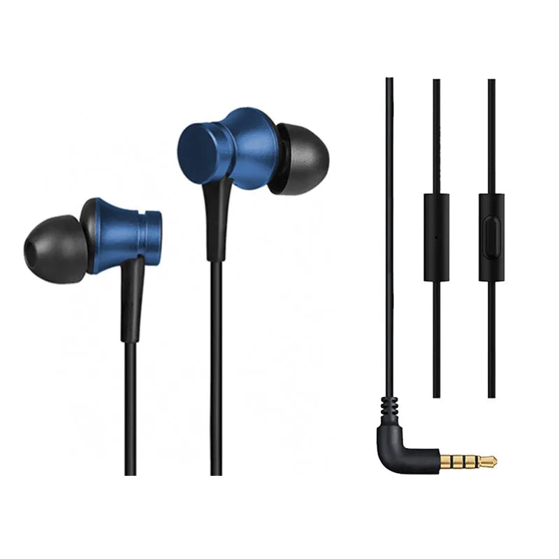 Piston in-ear wired headphones with 3.5mm jack in black, blue, and red colour options
