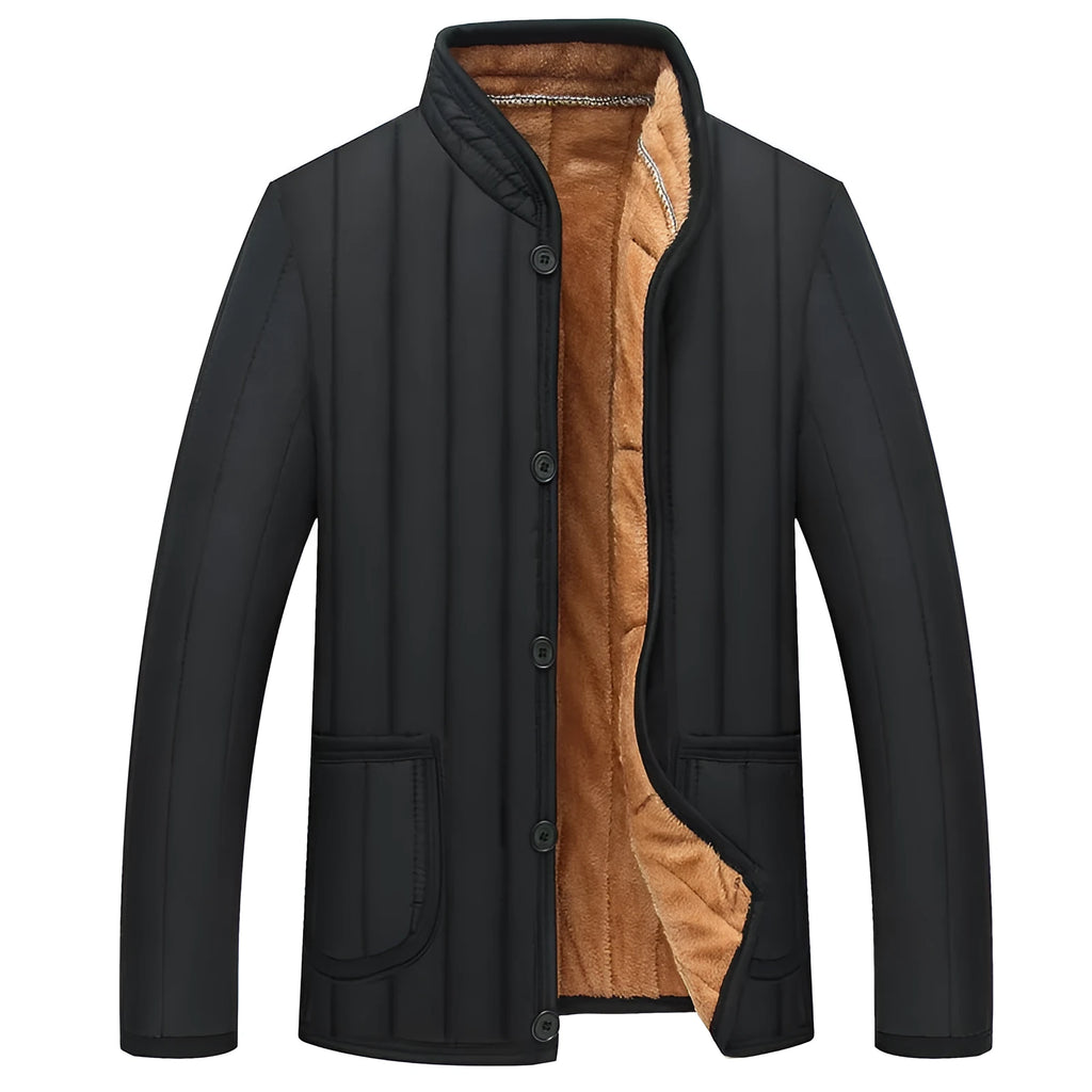 Winter men jacket in polyester fibre with quilted pattern, shown front view, available in sizes L to 4XL