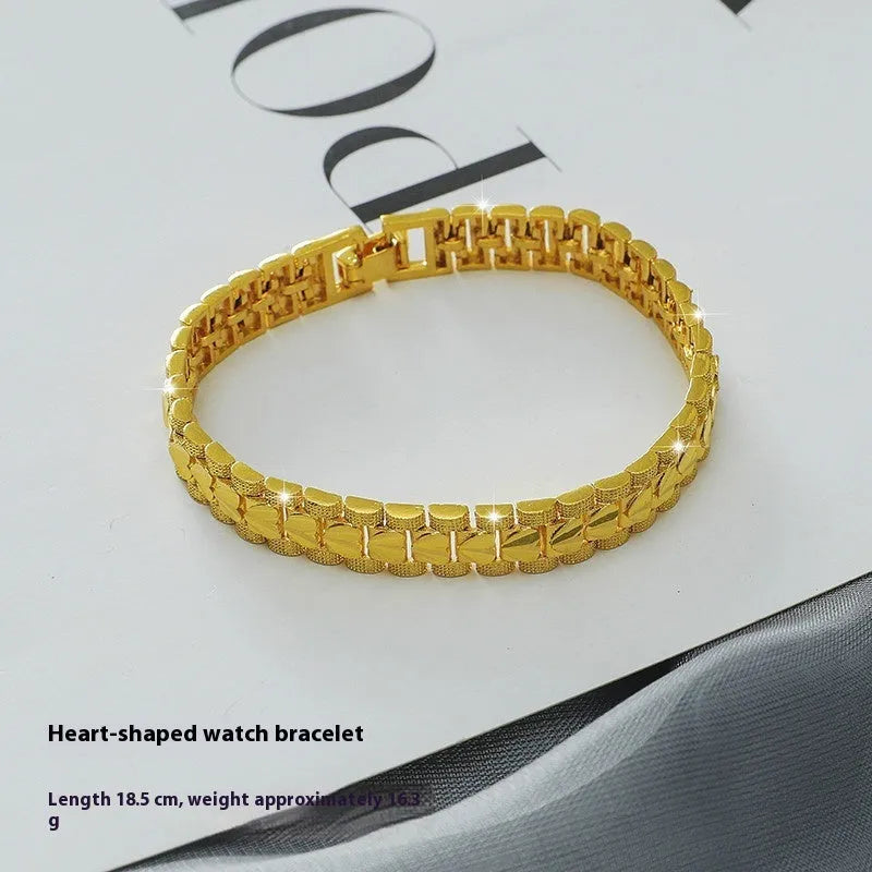 Gold brass heart-shaped fashion bracelet for women with electroplated finish on flat surface