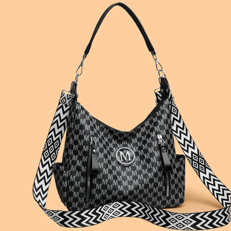 Retro simple printed shoulder messenger bag in PU leather with double straps and sandwich pocket