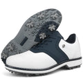Pair of plus size golf shoes with movable nails, microfiber upper, and round toe in black and white