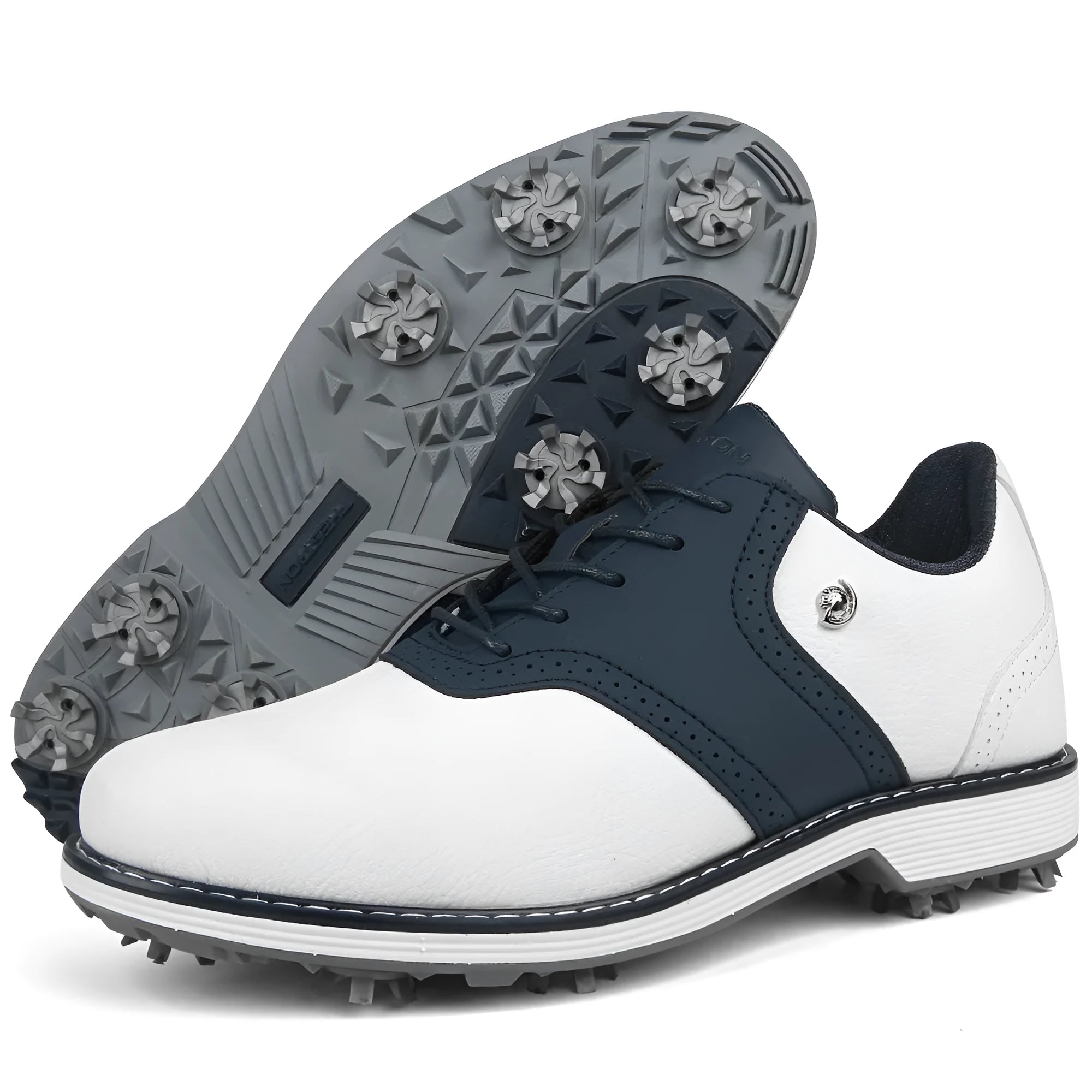 Pair of plus size golf shoes with movable nails, microfiber upper, and round toe in black and white